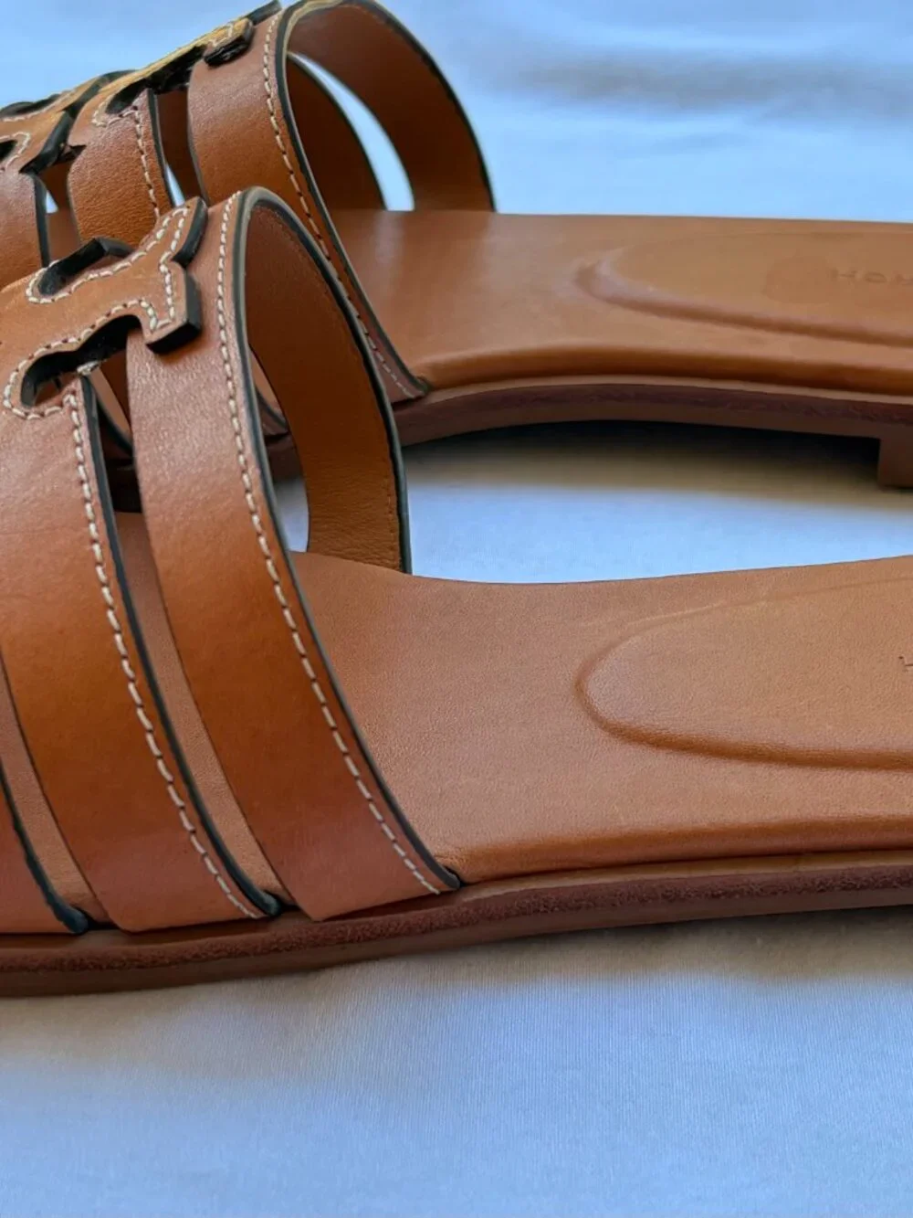 Tory Burch Ines Cage Slide Sandals Camello Vachetta Leather Size 8 + Box